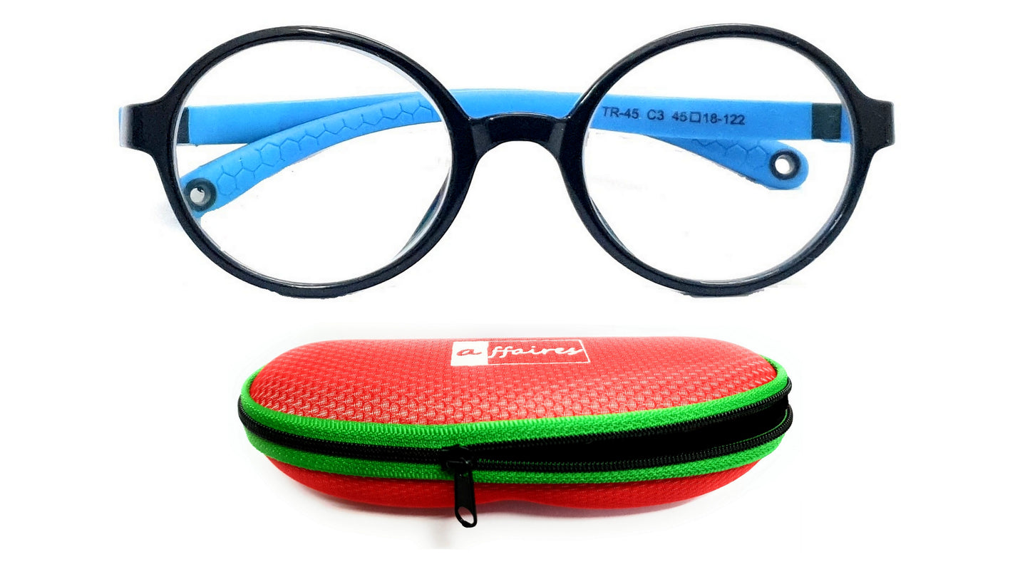 Affaires Kids Blue Light Filter Computer Glasses Flexible Spectacles with anti-reflection for Eye Protection | Zero Power (TR-45) (BC-266) Black-Blue