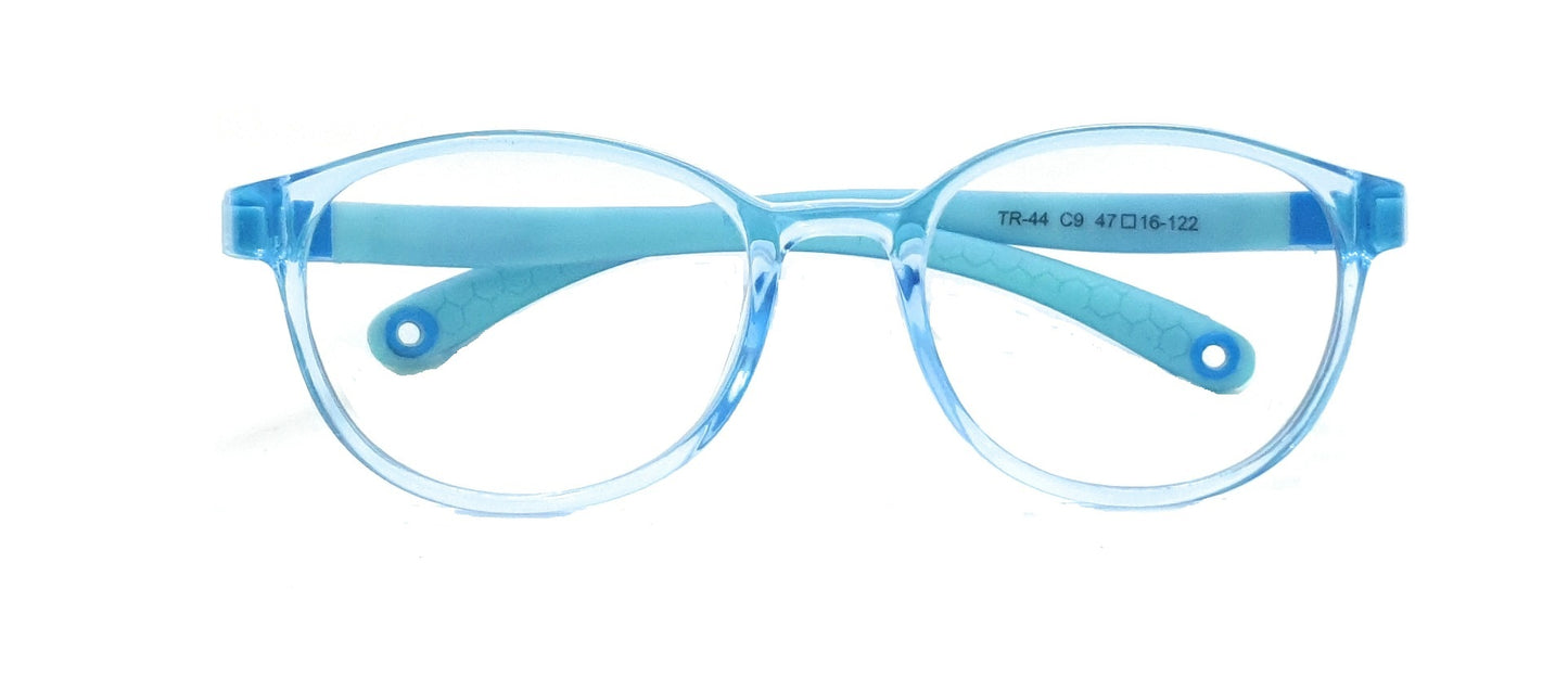Affaires Kids Blue Light Filter Computer Glasses in blue with flexible frames and anti-reflection transparent lenses for eye protection.