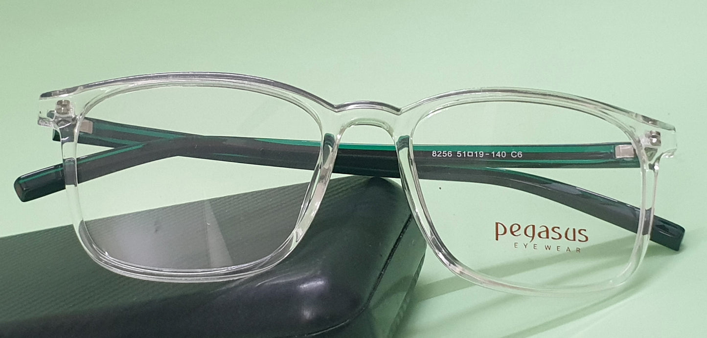 Pegasus Trendy Eyeglasses Spectacle 8256 with Power ANTI-GLARE-Reflective Glasses White Transparent with Green PE-028