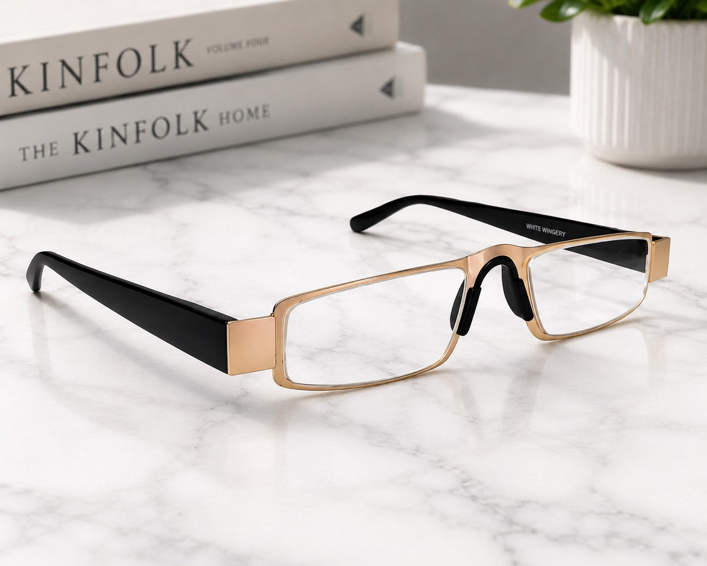 Golden Flat Slim Fix Nose Pad Unisex Rectangle Full Rim Power Reading Glasses For Men & Women | Near reading glasses - SoftTouchLenses