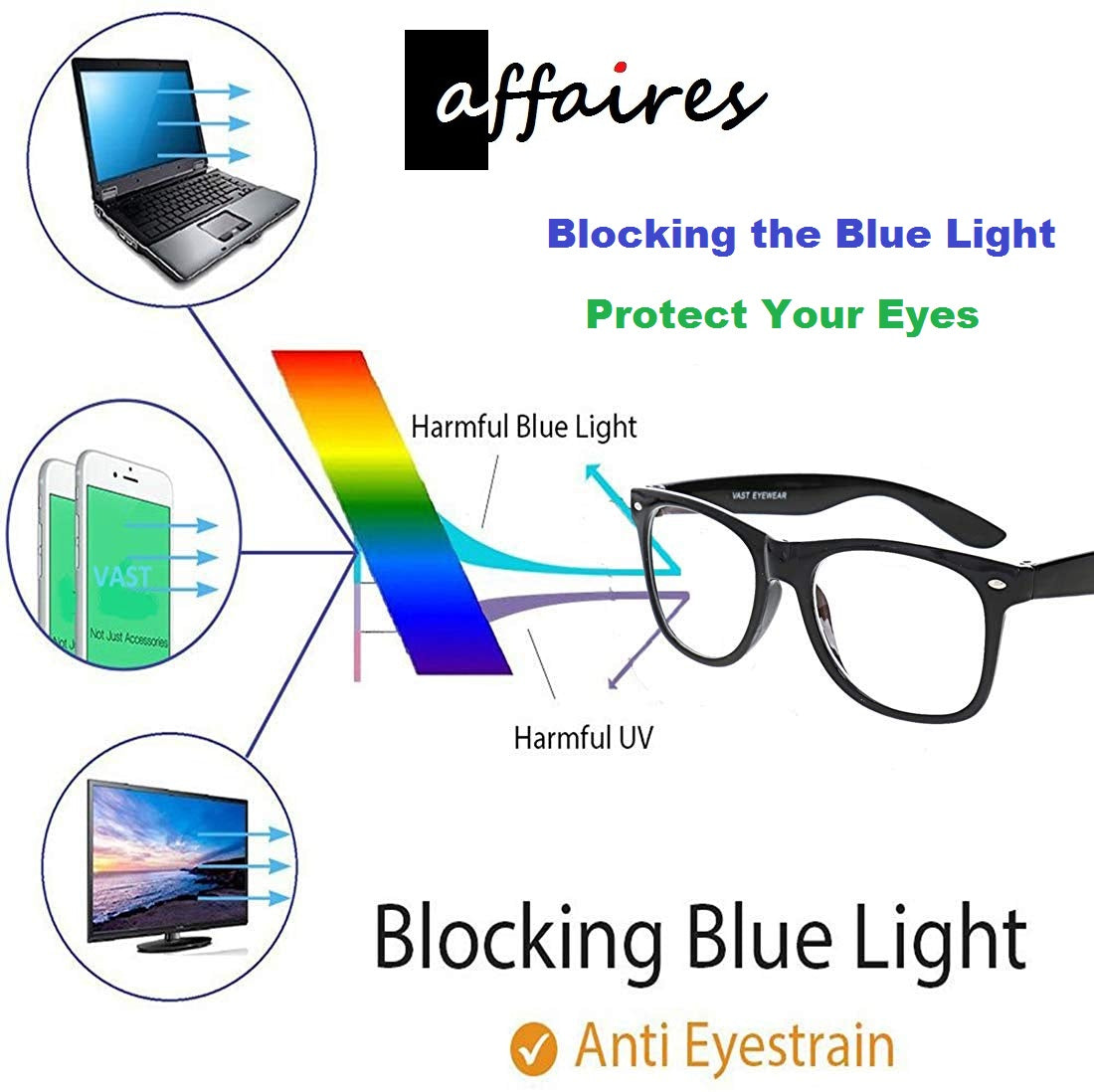 Affaires Kids Blue Light Filter Computer Glasses Flexible Spectacles with anti-reflection for Eye Protection | Zero Power (BC-271) Black-Grey