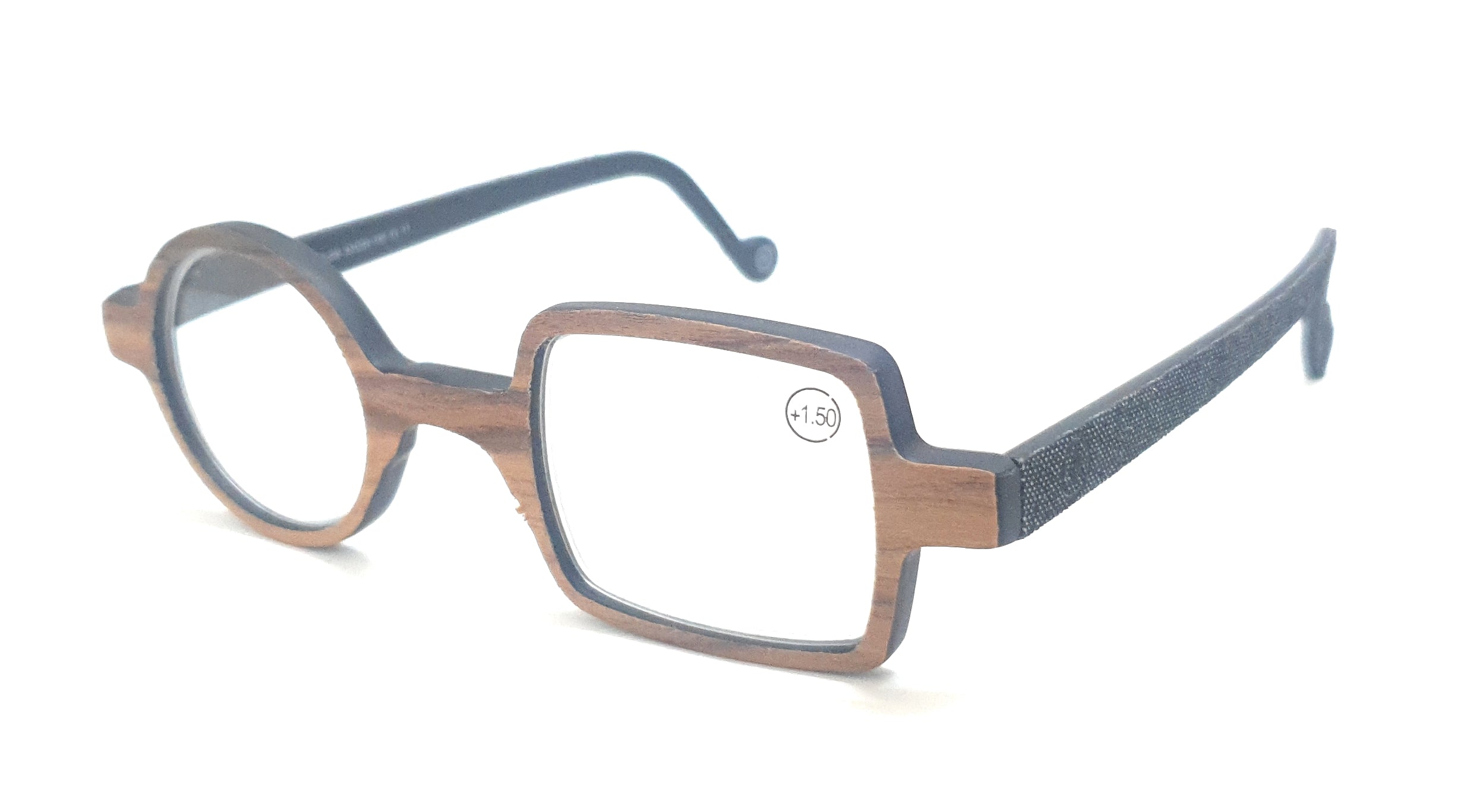 Glasses with one round lens and one square outlet lens