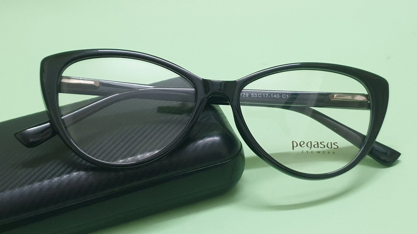 Pegasus CatEye Eyeglasses Spectacle LH2129 with Power ANTI-GLARE-Reflective Glasses Black PE-010