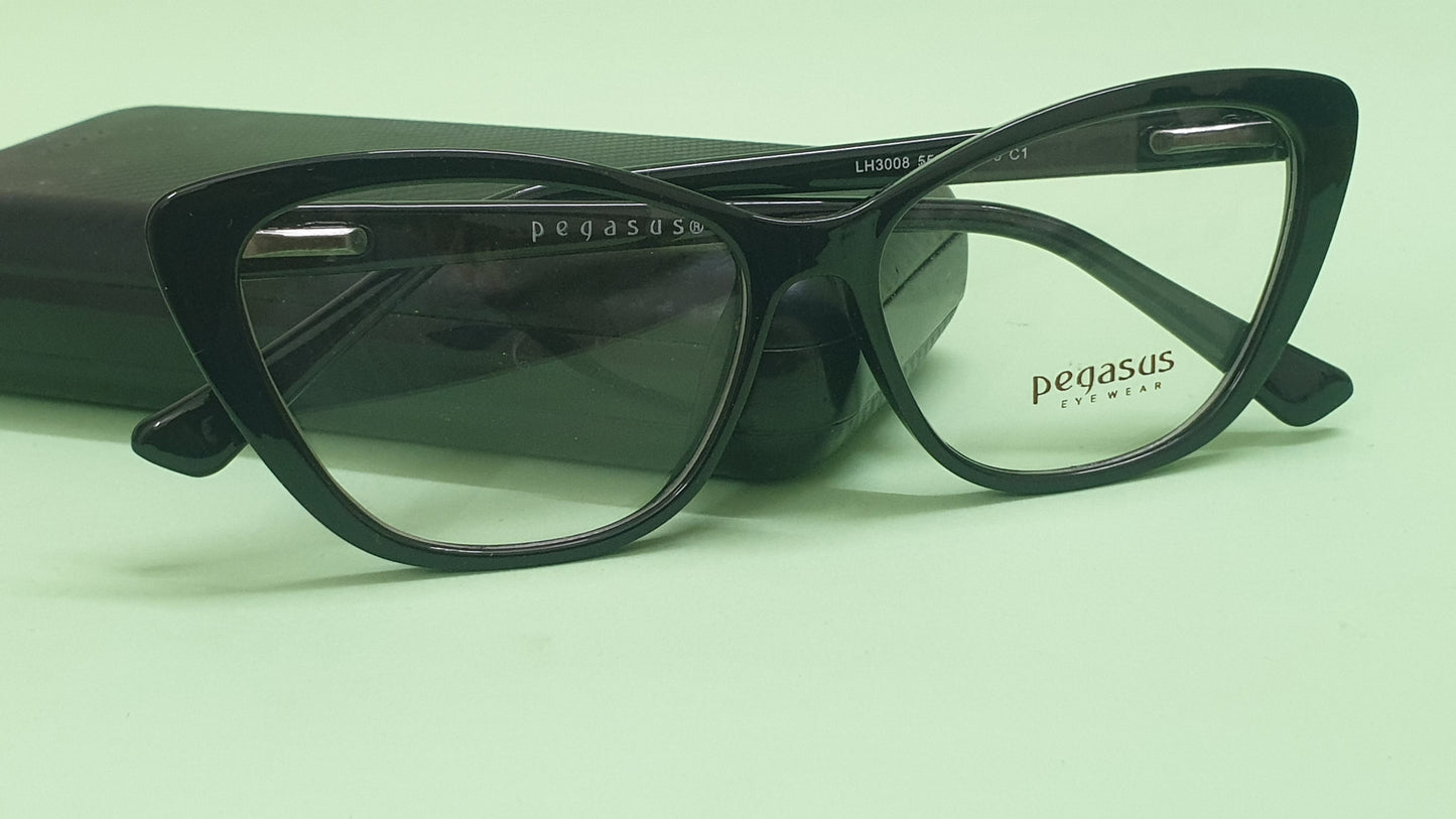 Pegasus Cateye Eyeglasses Spectacle LH3008 with Power ANTI-GLARE-Reflective Glasses Black PE-021