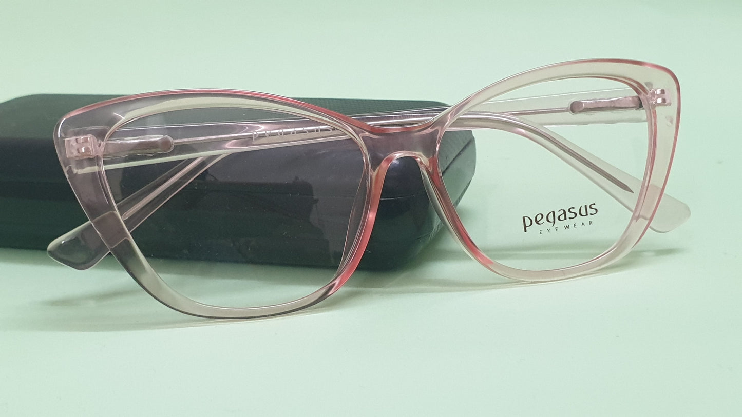 Pegasus Cateye Eyeglasses Spectacle LH3008 with Power ANTI-GLARE-Reflective Glasses Transparent Pink PE-019