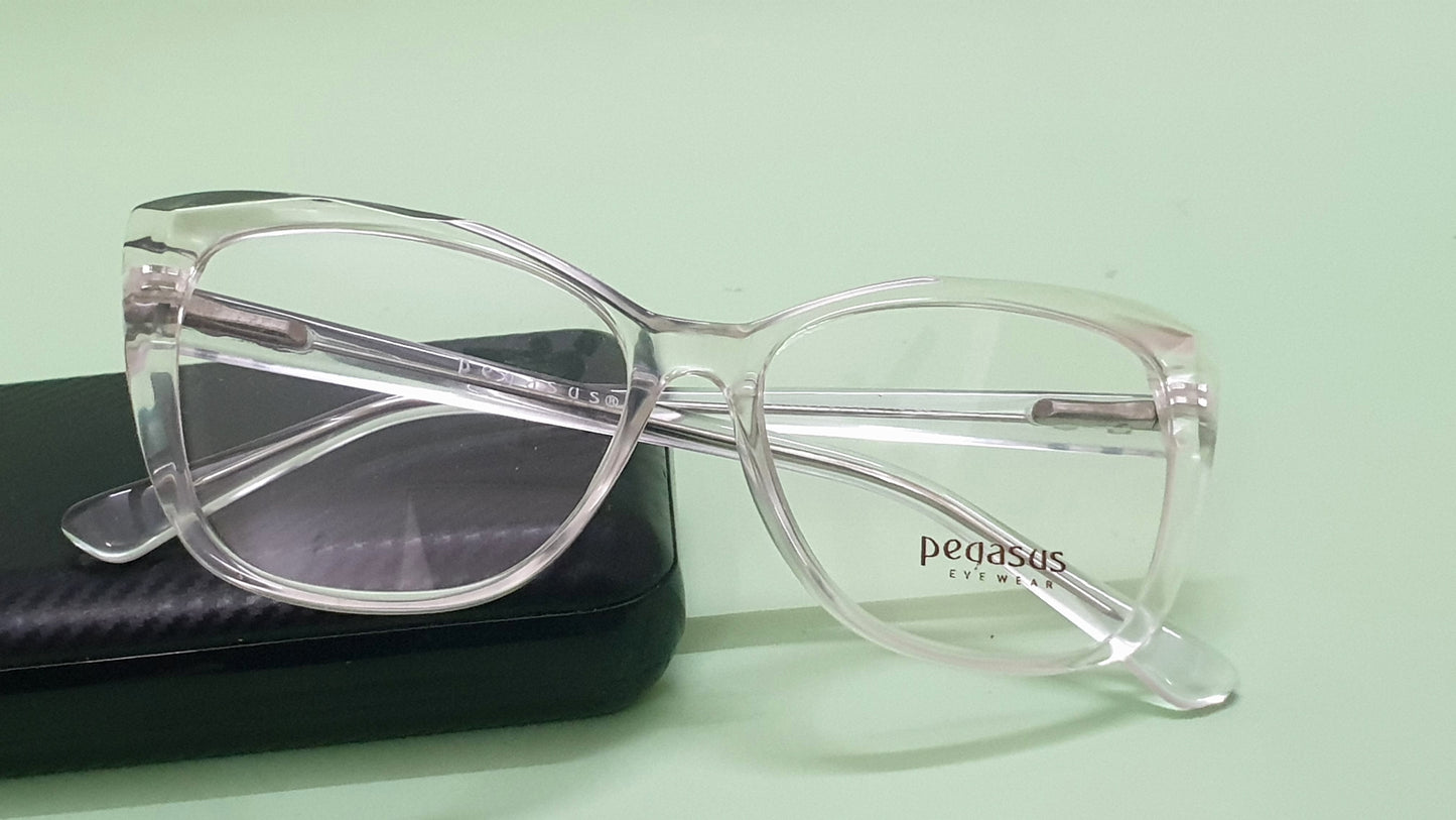 Pegasus Cateye Eyeglasses Spectacle LH3004 with Power ANTI-GLARE-Reflective Glasses White Transparent PE-002